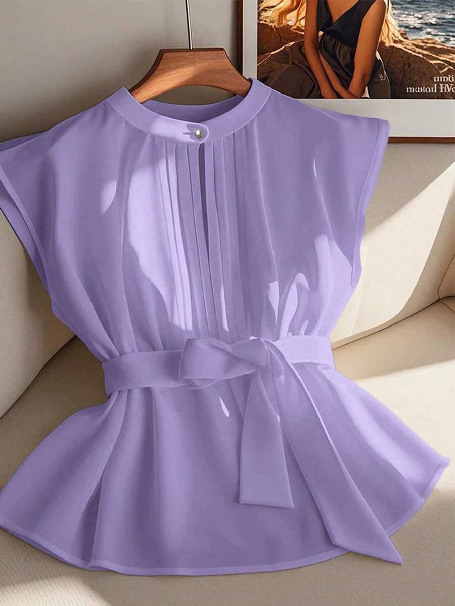 SHEIN Clasi 女士纯色腰带优雅圆领办公室衬衫