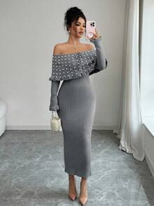 Rafferiza 女士纯色蝴蝶结长袖弹力修身露肩针织连衣裙，法式优雅珍珠装饰露肩超大领针织连衣裙，秋冬针织长裙，返校季针织连衣裙，音乐节，圣诞节，仙女装，秋季婚礼宾客连衣裙 - 灰色 - 查看 4