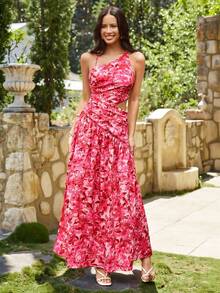 KARISMINA Vestido rosa de mujer con escote asimétrico elegante, adecuado para vacaciones de primavera/verano - Rosa - Ver 8