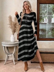 EMERY ROSE Sukienka damska casualowa z okrągłym dekoltem i długim rękawem w bloki kolorów, jesień