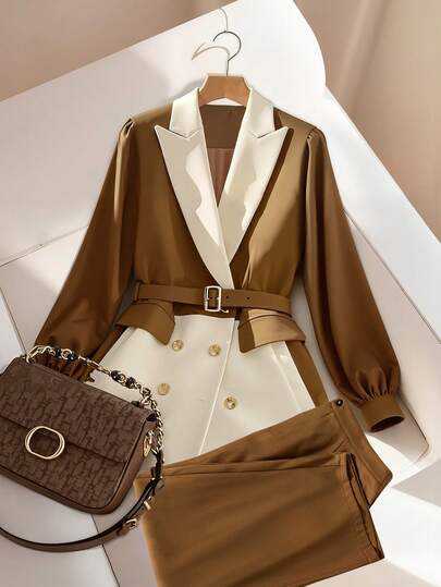 Regalyn Plus Size Elegant Casual Commute Business Metal Buckle Contrast Color Long Pants & Regular Jacket Suit Set, Spring/Autumn