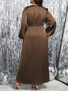 Roveilla Women's Coffee Brown Plus Size A Line Long Slit Dress With V Neck Bishop Sleeve And Wrap Detail Fall - Coffee Brown - View 2