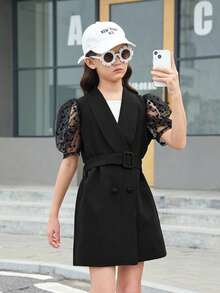 SHEIN Tween Girls Daily Polka Dot Mesh Contrast Bubble Sleeve Shawl Collar Blazers Style Dress For Street Chic Look - Black - View 5