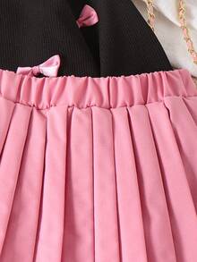 Girls' Apricot Long Sleeve Textured Top And Pleated Skirt 2 Pieces Set, Cute Bow Decor, Fashionable For Spring/Autumn - Black - View 7