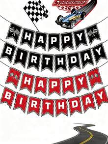 赛车主题派对装饰套装，黑红方格旗配游戏手柄横幅，适用于生日背景 - 橫幅 - 查看 1