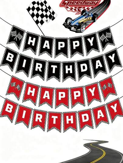 Decoración para fiesta de carreras, bandera a cuadros negra y roja con pancarta de control de juego para fondo de cumpleaños