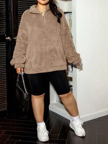 SHEIN EZwear Plus Size Solid Color Half Zip Pocketed Long Sleeve Sweatshirt, For Winter Graduation,Back To School Outfits,Graduation,Teacher Outfits For Women,Back To School Fall Autumn - Camel - View 5