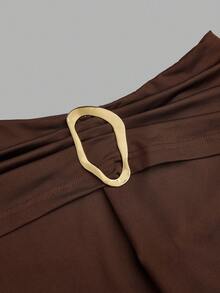 Sweetra Plus Size Solid Color Asymmetric Collar Long Sleeve Waist Cinched Dress - Brown - View 7