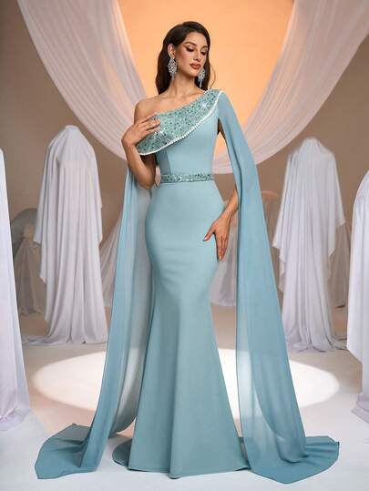 Aureia Elegant, Romantic, Fashionable, Dignified Green Stretch Fabric Dress With Sequins Embellishments And Mermaid Hem, Suitable For Elegant Parties, Wedding Guest Attire, Green Evening Gown, Fashionable And Elegant Wedding/Formal Dinner Dress