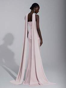 Elitara Women's Elegant Luxurious Deep Red Beaded Embroidered Handmade Drawstring Seashell Collar Slit A-Line Fish Tail Sequin Formal Evening Gown Dress - Baby Pink - View 2