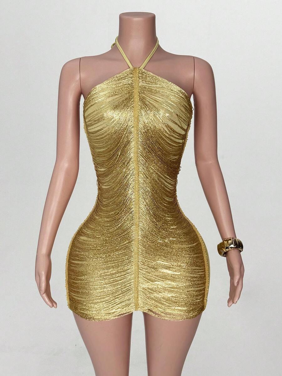 Mistrie 女式纯色露背性感修身挂脖连衣裙 - 金色 - 查看 1