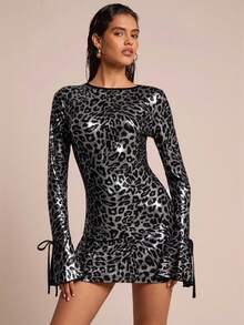 Glamine Đầm ôm body mini hở lưng họa tiết da báo thanh lịch, tay dài, trang phục dự tiệc gợi cảm dành cho nữ, mùa thu - màu đen - Xem 5