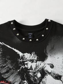 ROMWE MEN Street Life Men's Angel Letter Print Round Neck Rivet Loose Tank Top Spring/Summer - Black - View 2