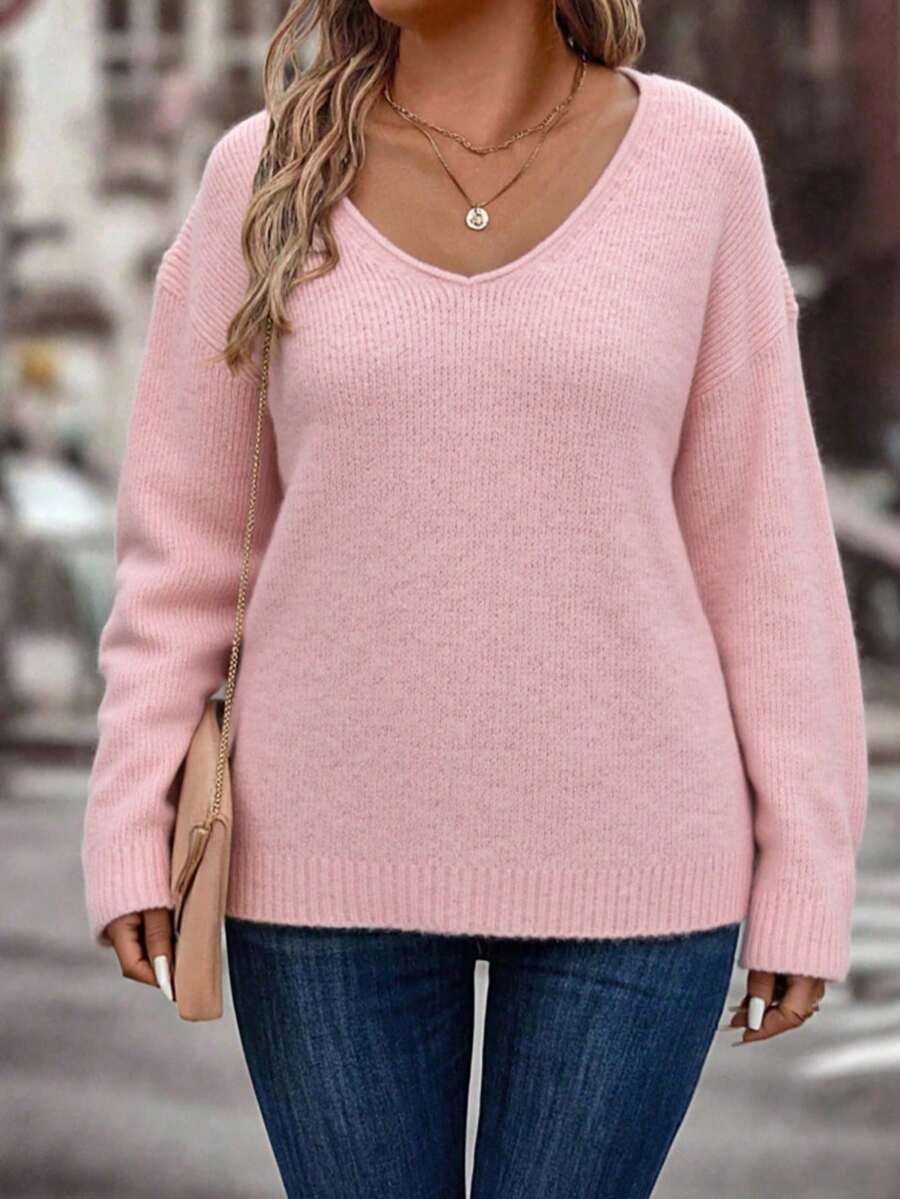 "Suéter de Punto con Cuello V y Collarin - Cómodo, Elegante y Versátil para Estilo Cotidiano" - Rosa - Ver 1