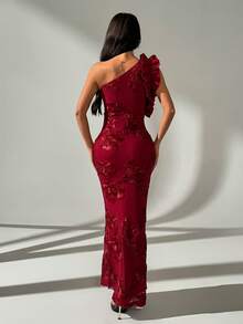 Rafferiza Váy đuôi cá thêu vai bất đối xứng xếp nếp thanh lịch - Đỏ - Xem 3