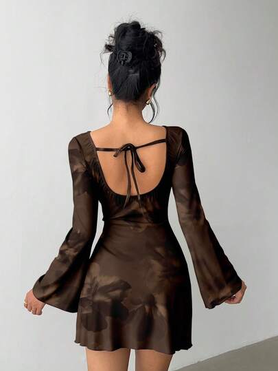Aloruh Women's Sexy Fashionable Open Back Tie-Up Brown Tie Dye Floral Print Mini Dress, Suitable For Winter
