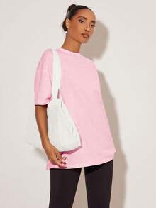 SHEIN BASICS maglietta casual da donna a maniche corte, vestibilità morbida e ampia, spalle scoperte, colore tinta unita, estiva - Rosa Baby - Visualizzare 3