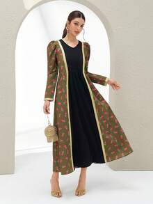 Al Najma Women's Turkish Maxi Dress & Arabic Traditional Abaya Kaftan Jalabiya Dress; Summer Dresses;Black And Green Dress;Udan Rose Print Dress - Green - View 2