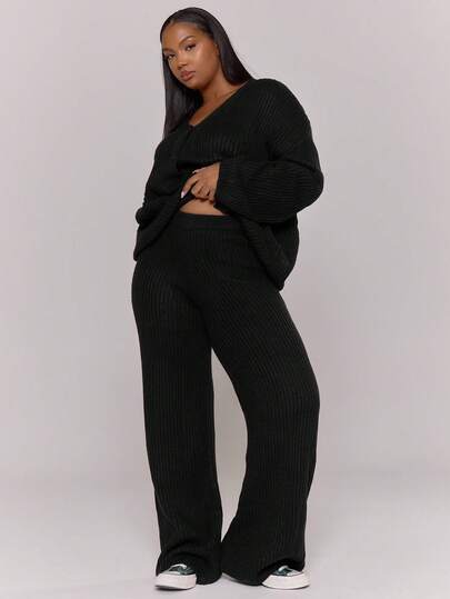 MUSERA Plus Size Knitted Fitted Wide Leg Trousers Everyday Casual Cozy Cute Evening Party Elegant Spring