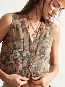 Bohemela 波西米亚风牛仔印花休闲无袖露脐背心，女士秋冬款 - 棕色 - 查看 5