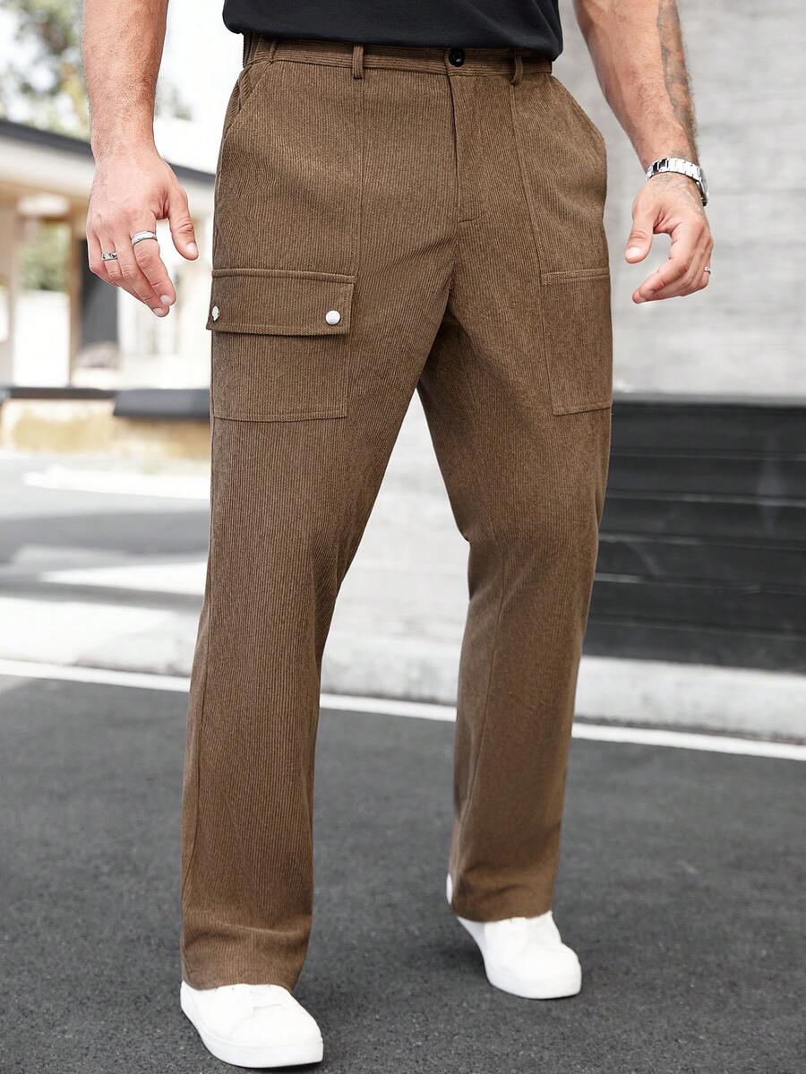 Manfinity CasualCool Men's Casual Everyday Commute Fashion Street Corduroy Slant Pocket Straight Leg Pants, Brown, Autumn/Winter Cargo Joggers Men Men Cargo Pants Men Pants Brown Cargo Pants Men S Cargo Sweat Pants Old Money,Daily Leisure, Weekend Trips, Outdoor Activities, Travel Expeditions, Relaxed Work Environments Or Semi-Formal Occasions, Boyfriend/Husband Gift, Anniversary /Birthday Gift Party Christmas New Years - Brown - View 1