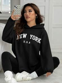 SHEIN EZwear 女士新款字母刺绣连帽衫和加厚打底裤两件套，秋冬季保暖套装 - 黑色 - 查看 6