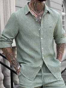 Manfinity CasualCool 男士亚麻绣花领休闲长袖衬衫男士亚麻衬衫男士纹理衬衫男士绿色衬衫，长袖上衣，男士秋季户外 2025 男士秋季衬衫，适合秋季，老钱风格 - 綠色 - 查看 7