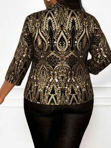 SHEIN Lady 新款加大码女式黑色宫廷水钻印花西装外套，四季皆宜，商务休闲皆可，优雅花卉印花西装外套，适合派对、学校聚会、秋冬圣诞节等场合。 - 金色 - 查看 2