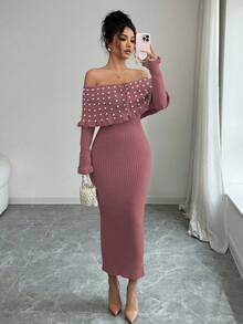 Rafferiza Váy len dài tay co giãn, thắt nơ màu trơn trễ vai cho nữ, Váy len lệch vai ve lớn đính ngọc trai thanh lịch kiểu Pháp, Váy maxi dệt kim thu/đông, Váy len trở lại trường, Lễ hội âm nhạc, Giáng sinh, Váy tiên, Váy dự tiệc cưới mùa thu - Bụi hồng - Xem 3