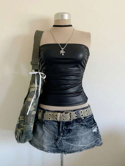 Attitoon 黑色褶皺無肩帶上衣