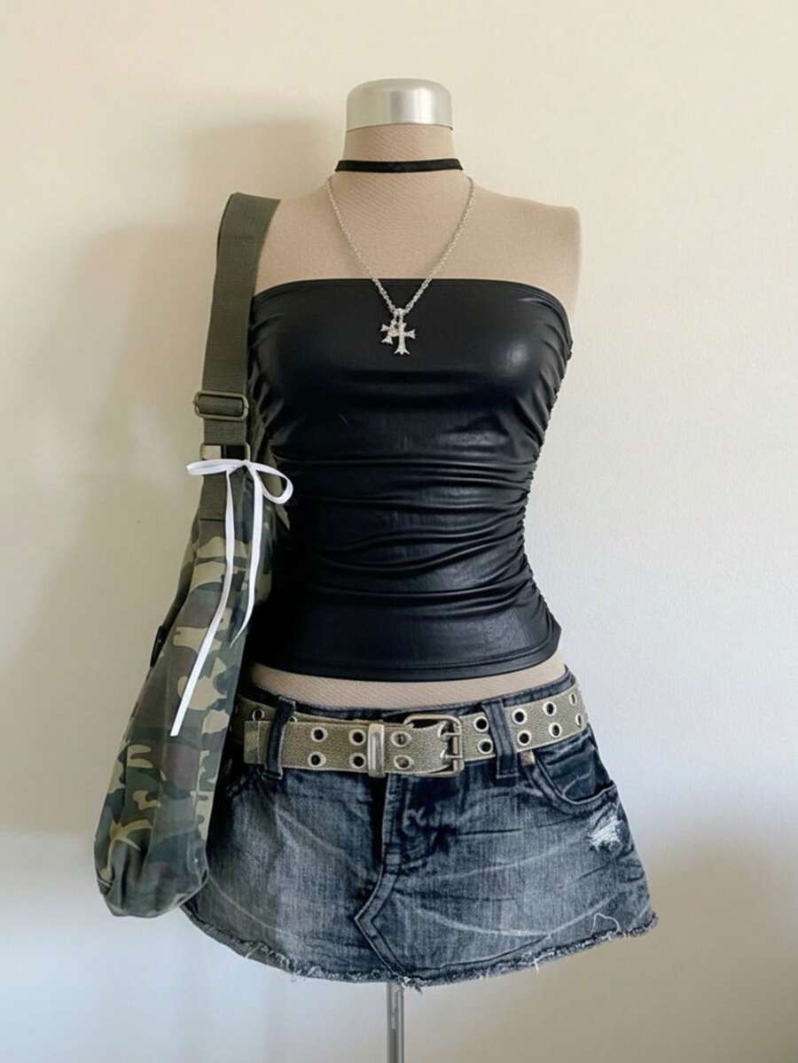 Attitoon Faux Stretch-Leather Black Pleated Strapless Top - Black - View 1