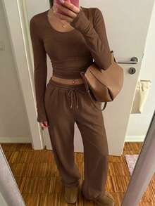 SHEIN EZwear Conjunto de 2 piezas de top de manga larga de cuello redondo marrón casual y pantalones para mujer - Marrón - Ver 8