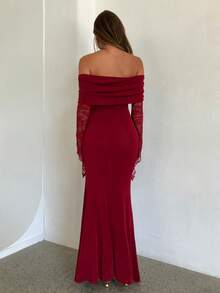 Aloruh Vestido Longo de Manga Comprida com Ombros à Mostra, Renda, Manga Flare e Bainha de Sereia, Vermelho, Ideal para Natal e Ano Novo, Vestido Romântico para Encontros no Dia dos Namorados - Vermelho - Visão 2