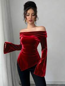 Rafferiza Áo thun dài tay trễ vai màu trơn dành cho nữ, chất liệu mềm mại, thoải mái, ôm sát, đa năng, phù hợp cho mùa xuân/thu, Giáng sinh, hẹn hò, tụ họp thường ngày, mặc nhiều lớp, công sở và mặc ở nhà. Áo đỏ thanh lịch dành cho nữ, áo đỏ rượu vang cho Giáng sinh. - Đỏ - Xem 5