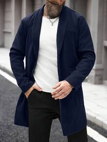 Manfinity CasualCool Men's Button Front Long-Sleeved Pocket Simple Plus-Size Casual Windbreaker, Flannel Windbreaker For Going Out, Gifts For Friends, Husbands And Boyfriends Coat For Men - Navy Blue - View 7