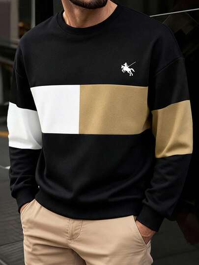 Manfinity Dauomo Men's Classic Casual Sweatshirt, English Letter Print Design, Loose & Comfortable, Suitable For Sports, Outdoor, Commuting, Multi-Color, Black, Autumn/Winter