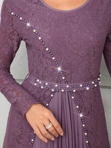 Al Najma Elegant pärlprydd långärmad turkisk och arabisk traditionell maxiklänning för kvinnor - Blåröd - Visa 6