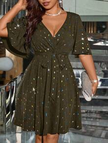 SHEIN Clasi Plus Size Women Laser Sequin Waist Flattering Elegant Light Cocktail Dress - Army Green - View 1