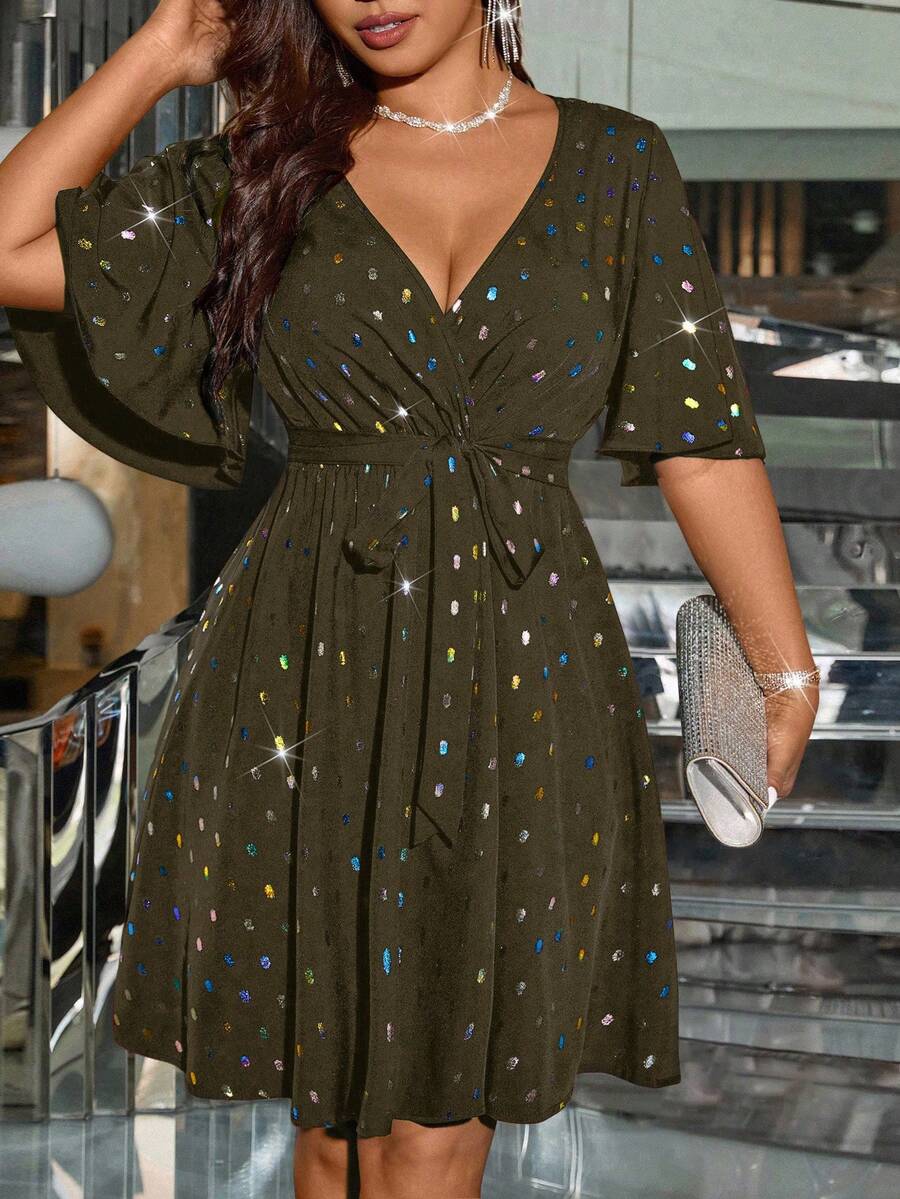 SHEIN Clasi Plus Size Women Laser Sequin Waist Flattering Elegant Light Cocktail Dress - Army Green - View 1