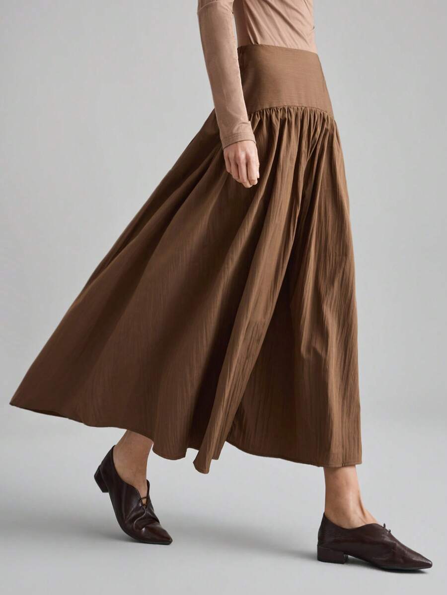 Ontre 2026春夏新款棕色高腰百褶女裙，现代优雅浪漫休闲通勤办公适用，也适合婚礼宾客、海滩度假、音乐会、派对等场合。 - 棕色 - 查看 1