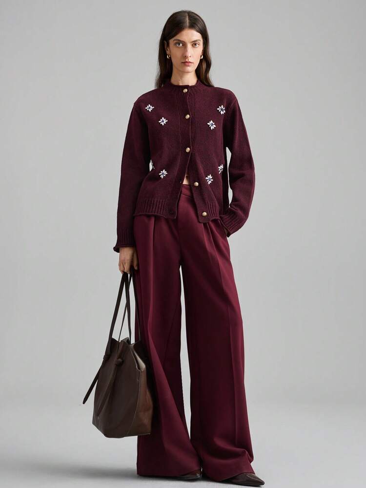 Women's Wool Blend Round Neck Embellished Cardigan Sweater, Knit Top For Urban Commute, Business Casual, Office Wear, Elegant Attire, Christmas, New Year Party, Basic Outerwear,Sweaters For Women,Christmas Sweater