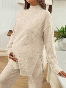 SHEIN Maternity Casual Warm Side Slit Dropped Shoulder Sweater And Pants Set, Autumn/Winter