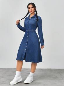 Flexra Women's Casual Washed Front Button Denim Dress - Khaki - View 4