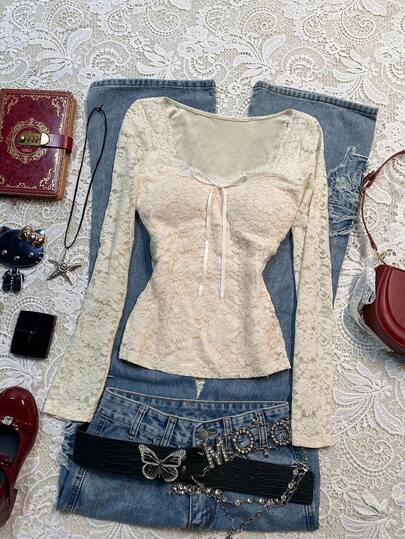 Glimmora Women's Casual Lace Patchwork Bow Decor Long Sleeve Top, Autumn