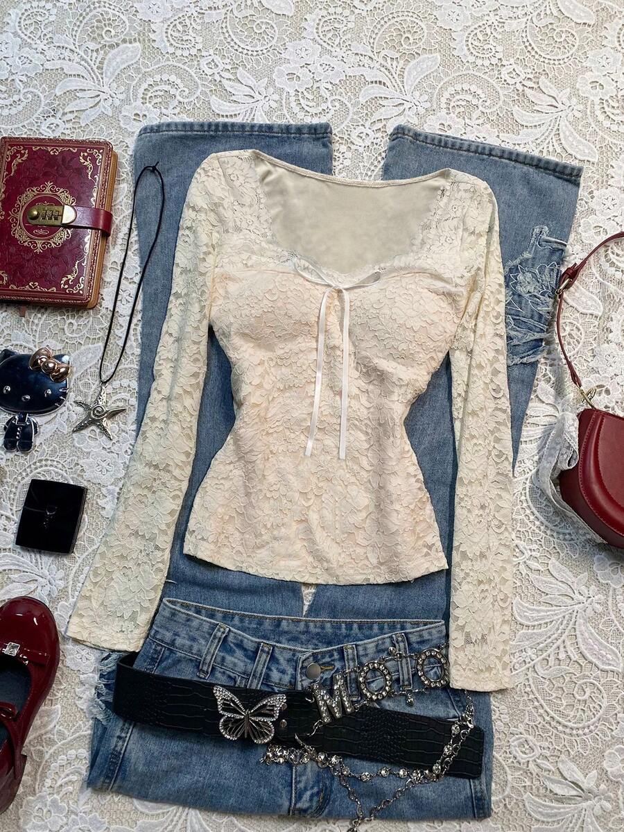 SHEIN 女士休闲蕾丝拼接蝴蝶结装饰长袖上衣,秋季 - 杏色 - 查看 1