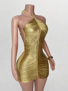 Mistrie 女式纯色露背性感修身挂脖连衣裙 - 金色 - 查看 4
