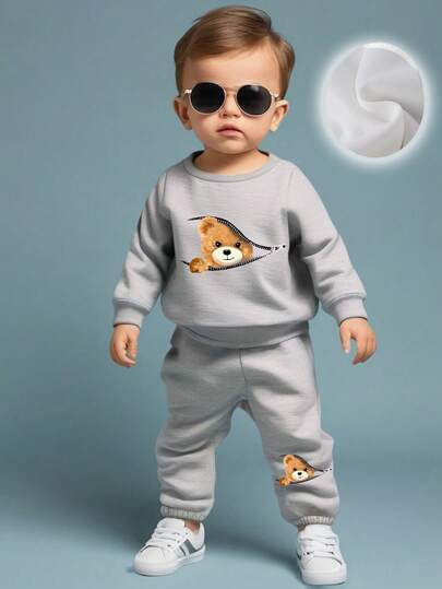 Baby Boy Cute Bear Print Thermal Lined Sweatshirt And Pants Set, Autumn/Winter