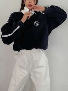 FRIFUL Women's Side Striped Letter Embroidered Raglan Sleeve Sweatshirt - Navy Blue - View 3