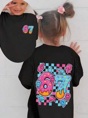 Young Girls' Casual Comfortable Fashion Versatile Creative Funny Checkerboard Number "67" Face Print Short Sleeve T-Shirt, Suitable For Girls To Wear Outdoors, Sports And School In Summer