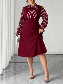 Elenzga Váy xòe eo kẻ sọc dài tay thanh lịch cỡ lớn dành cho nữ, thích hợp cho các buổi đi chơi mùa thu/đông - Màu Đỏ Sâu - Xem 6